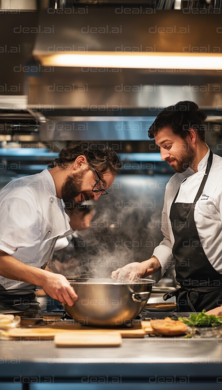 Chefs Collaborating in a Busy Kitchen