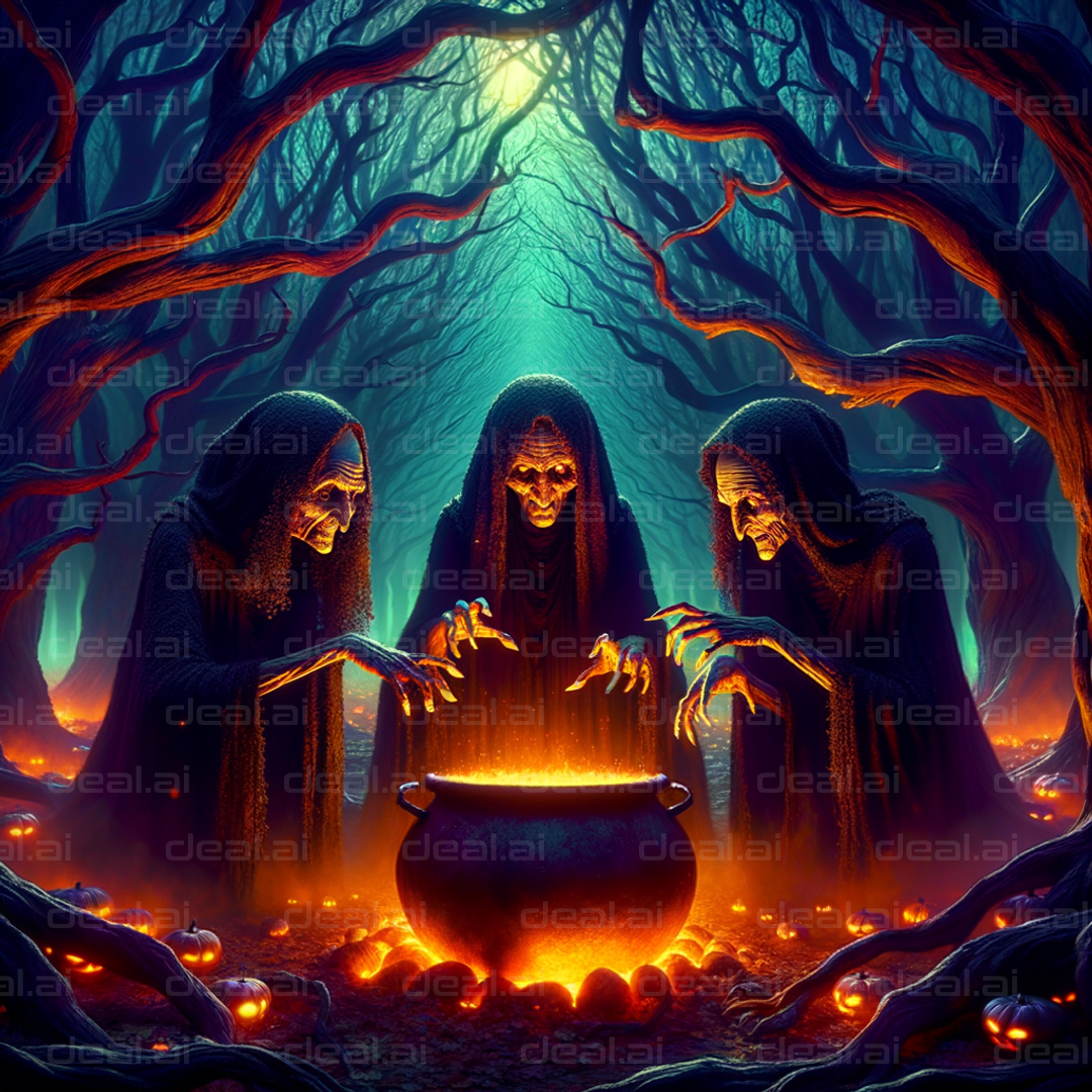 "Three Witches Brewing in Enchanted Forest"