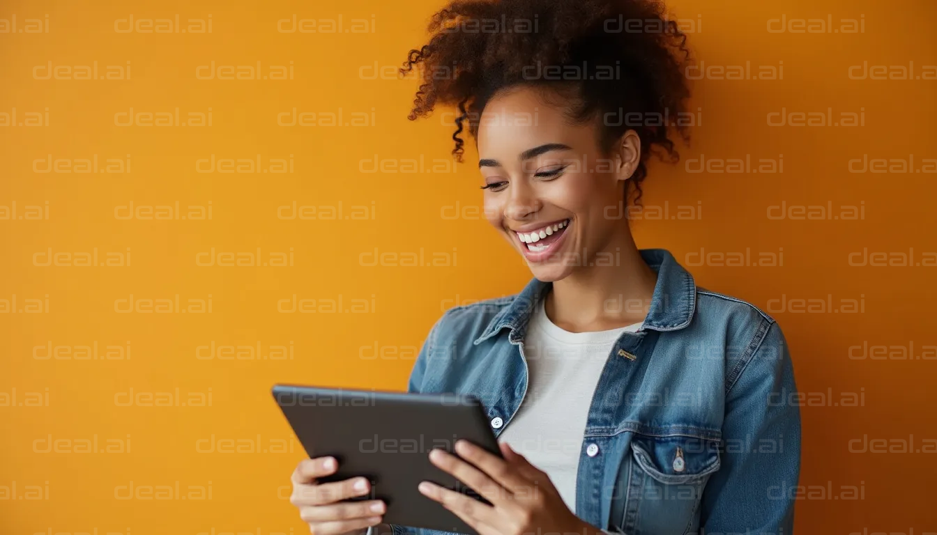 "Smiling Woman Using Tablet"