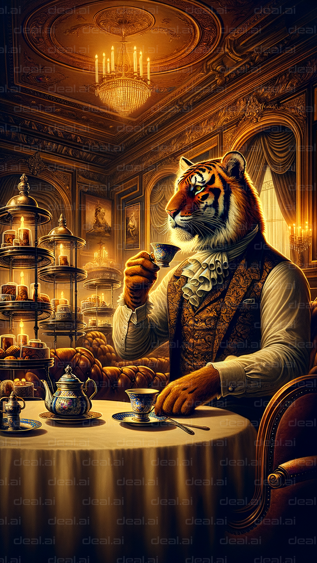 "Elegant Tiger Enjoying High Tea"