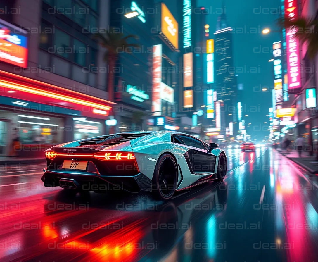 "Sleek Sports Car on Neon-Lit City Street"