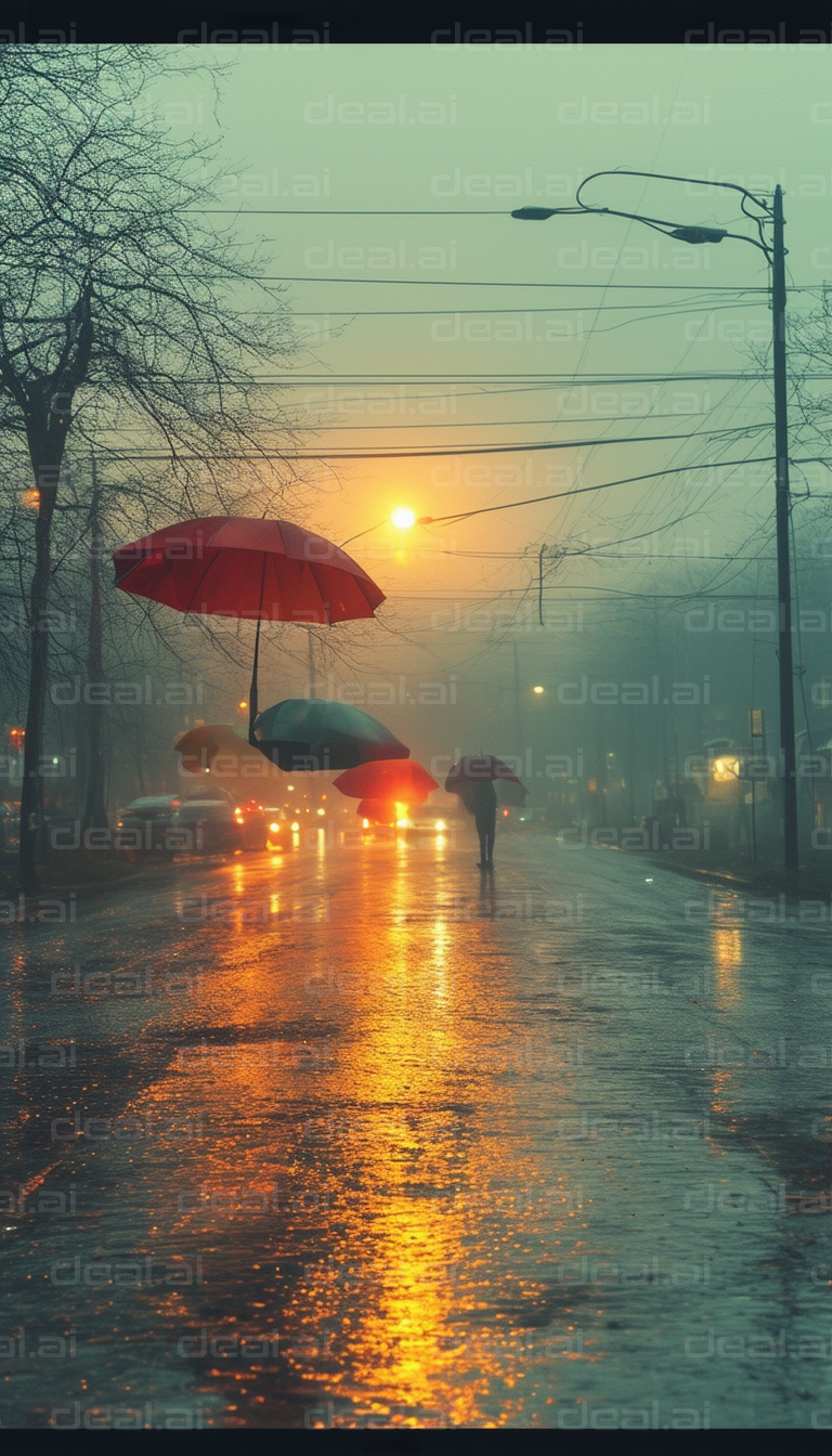 Floating Umbrellas in Foggy City Street