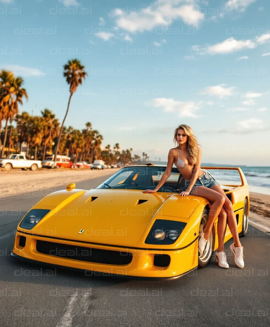 Beachfront Drive with Yellow Supercar