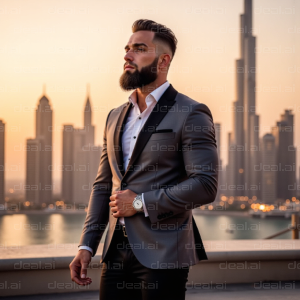 "Stylish Suit in City Sunset"