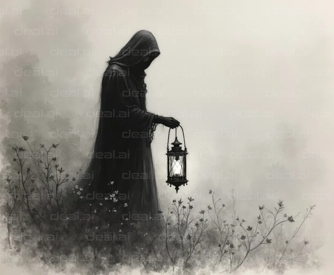 "Shrouded Figure with Lantern in Mist"