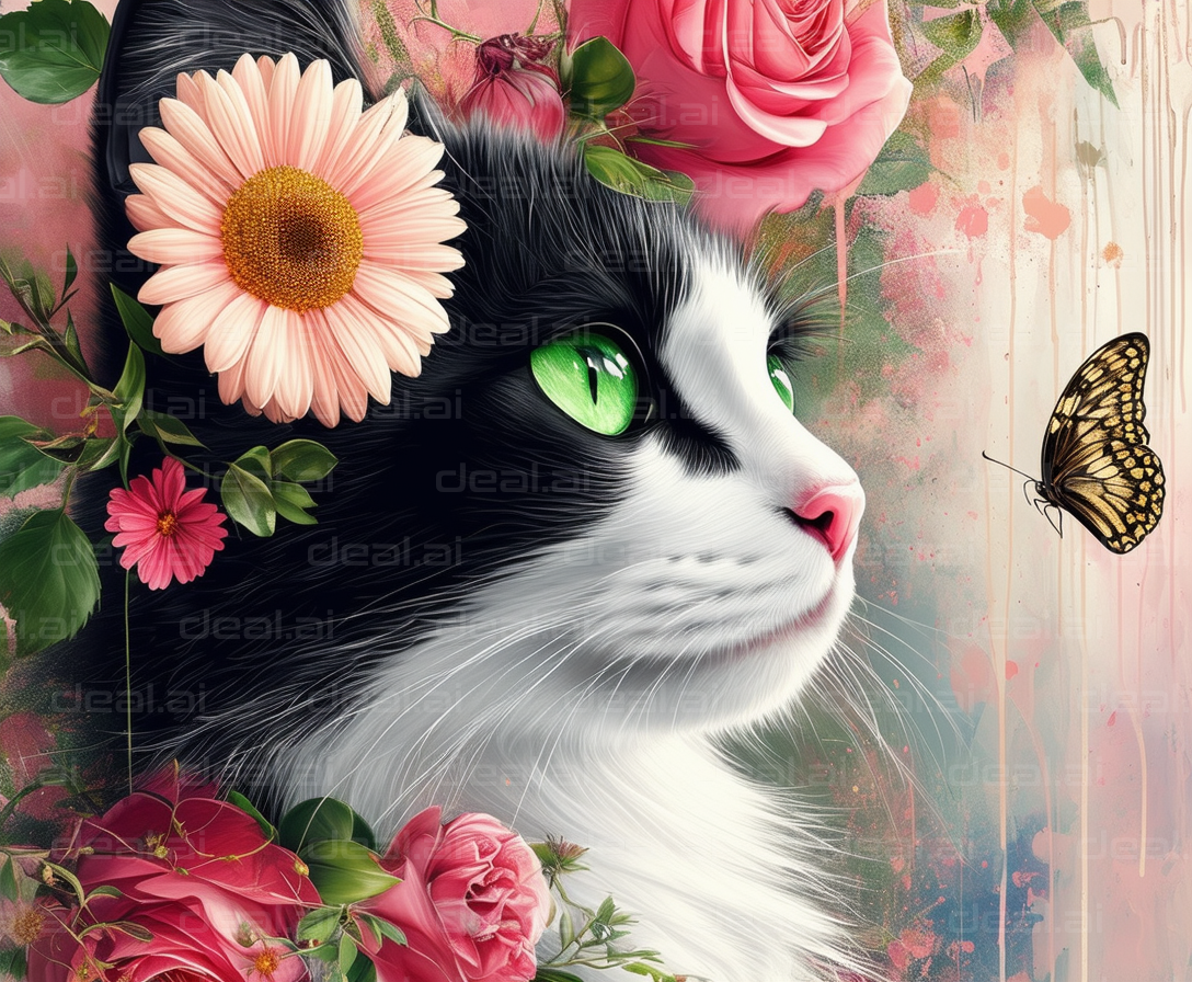 "Cat with Flowers and Butterfly"