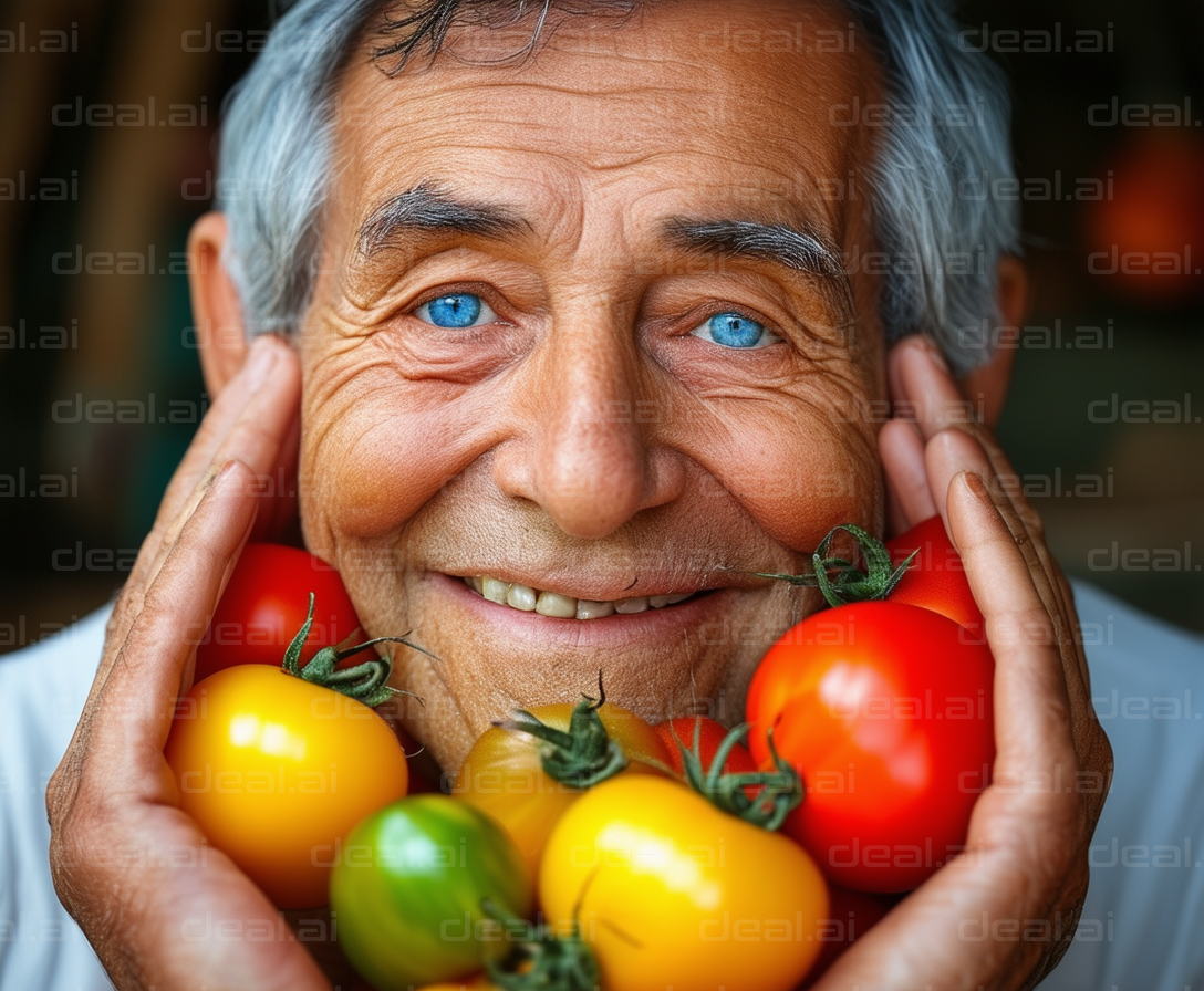 "Joyful Gardener with Colorful Tomatoes"