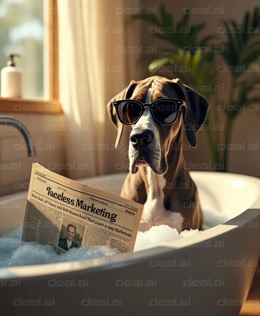 "Dog in Sunglasses Reading in the Bathtub"