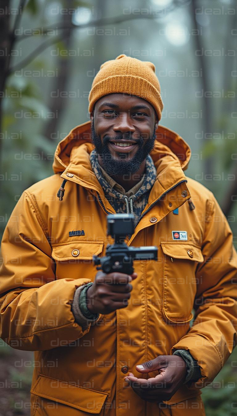 Smiling Adventurer Filming in Nature