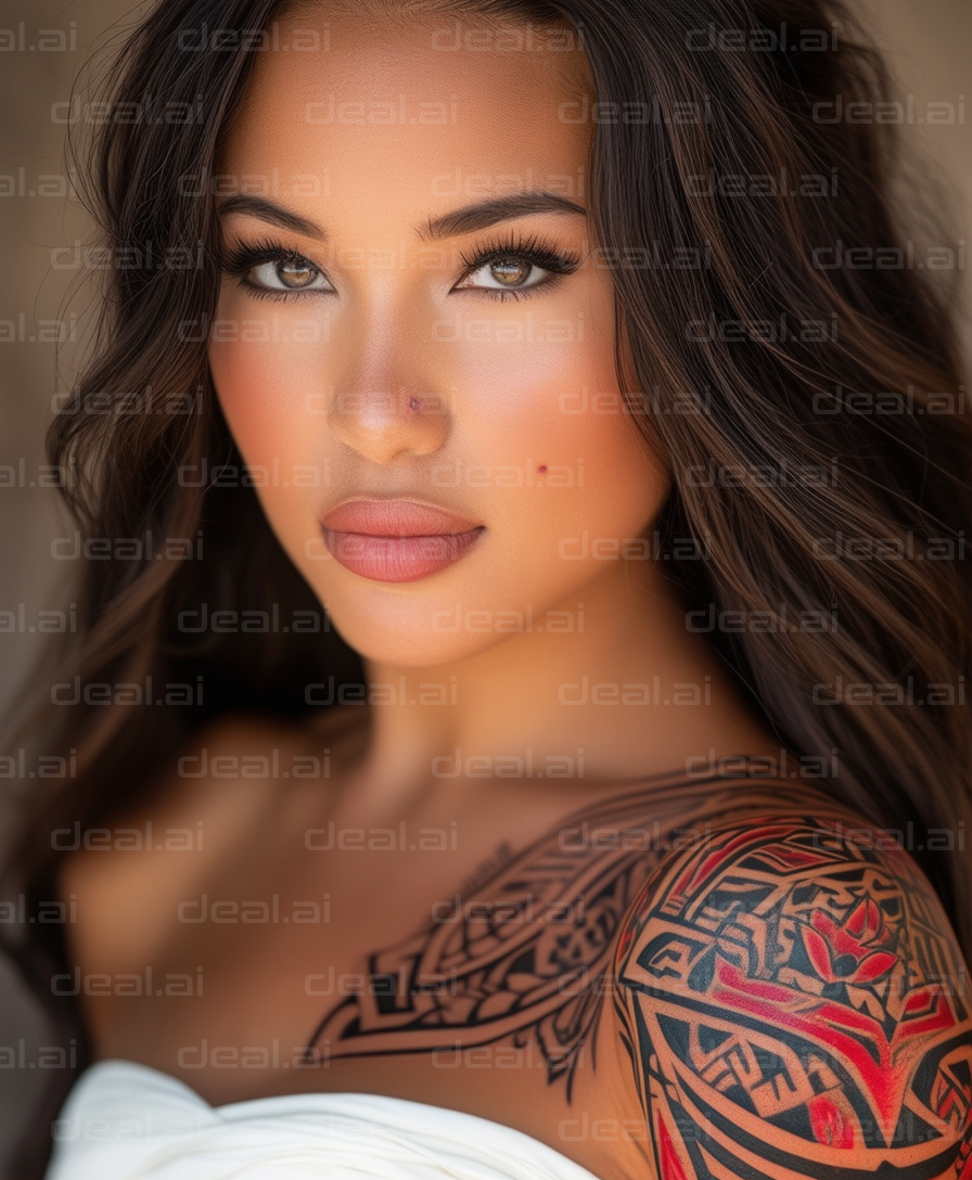 Elegant Woman with Tribal Shoulder Tattoo