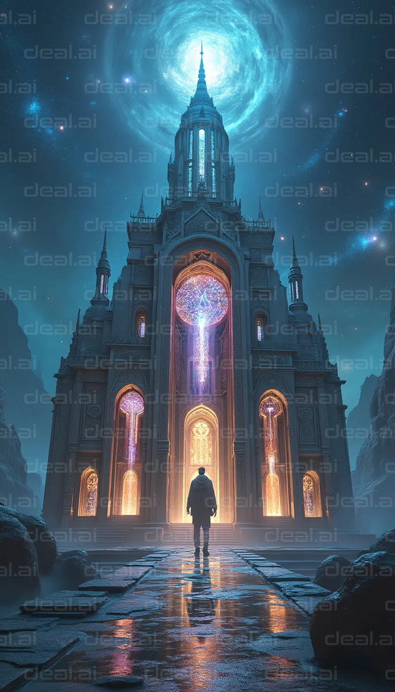"Cosmic Temple under a Luminous Sky"