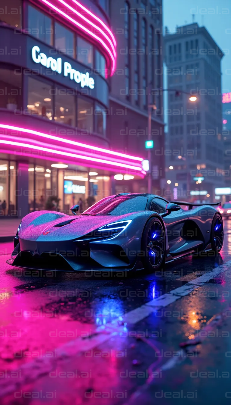 "Sleek Car in Neon-City Nightscape"