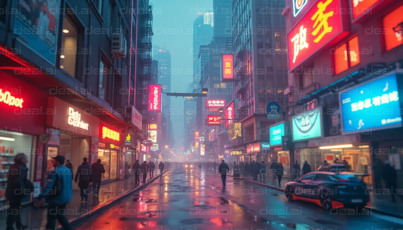 "Neon Lights in a Rainy City Street"