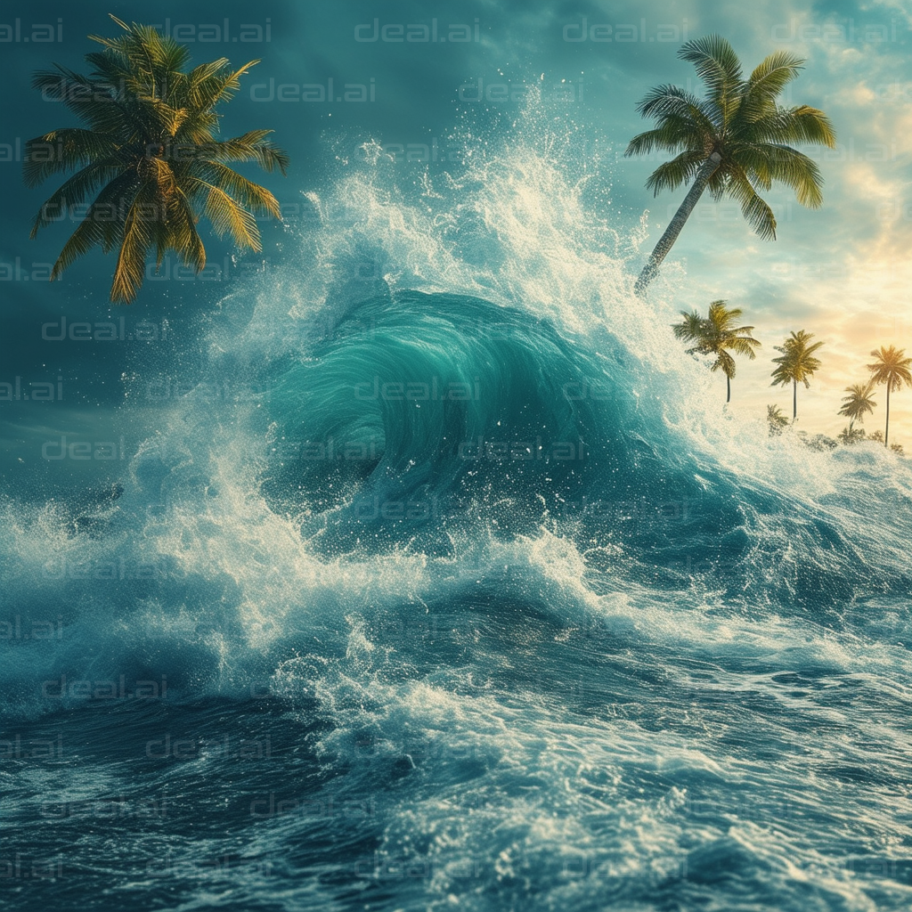 "Majestic Wave Amidst Tropical Palms"