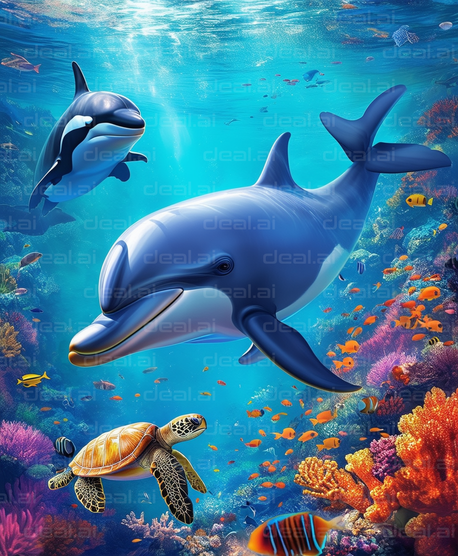 "Dolphins and Turtle in Vibrant Reef"