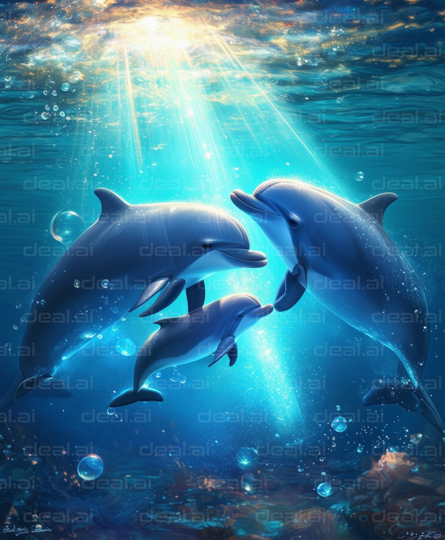 "Dolphin Family Under Sunlit Waves"