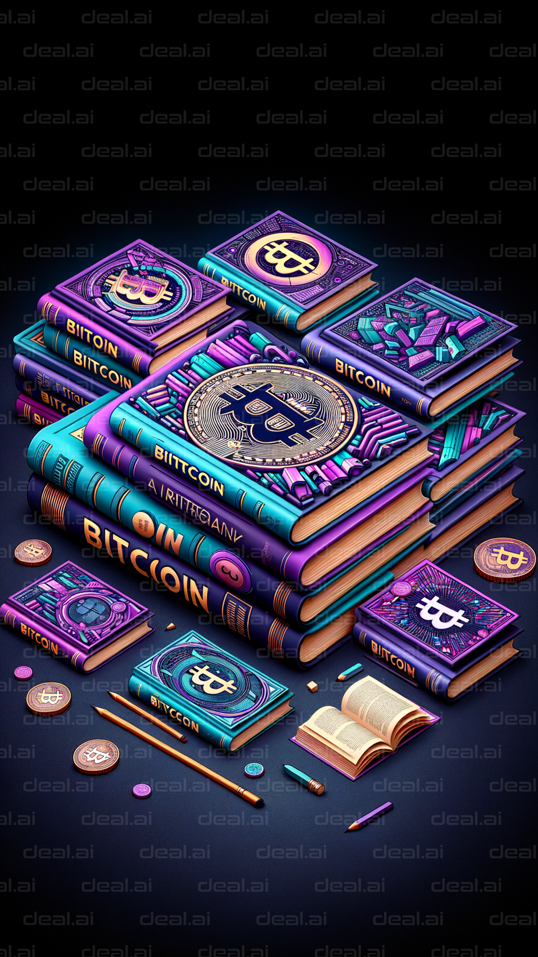 "Colorful Bitcoin Book Stack Illustration"