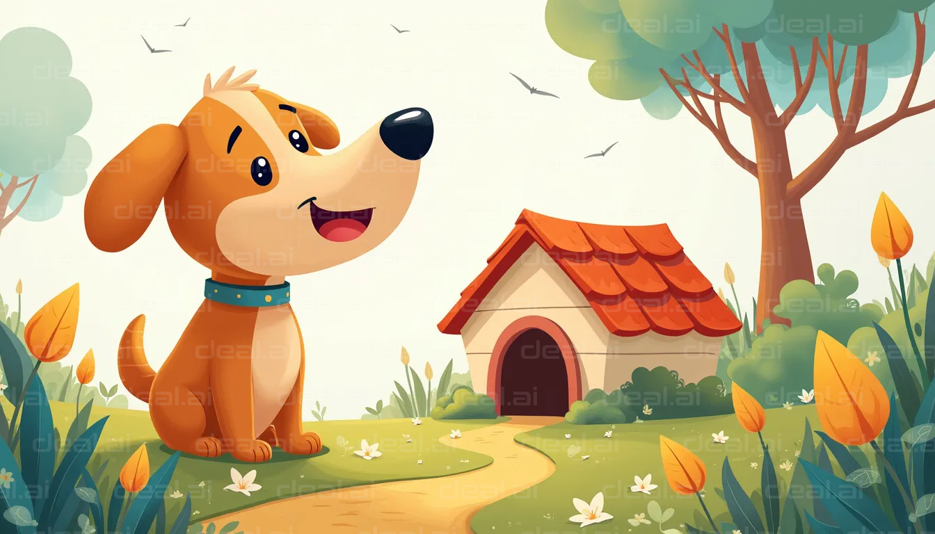 Happy Dog by the Doghouse