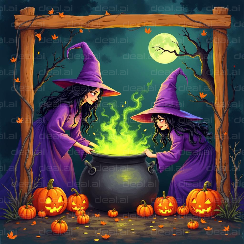 "Two Witches Brew a Glowing Green Potion"