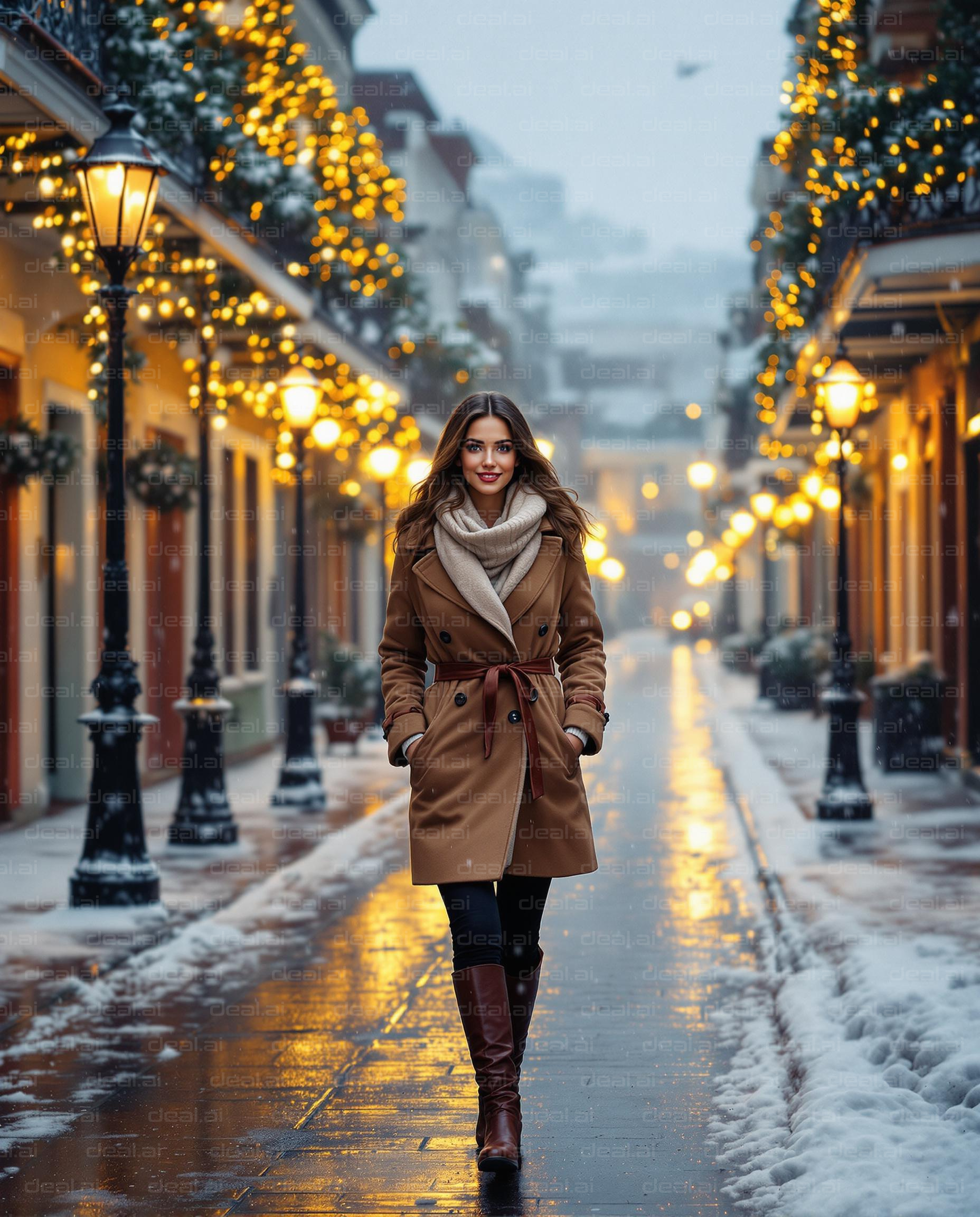 Winter Stroll Through Lit Street