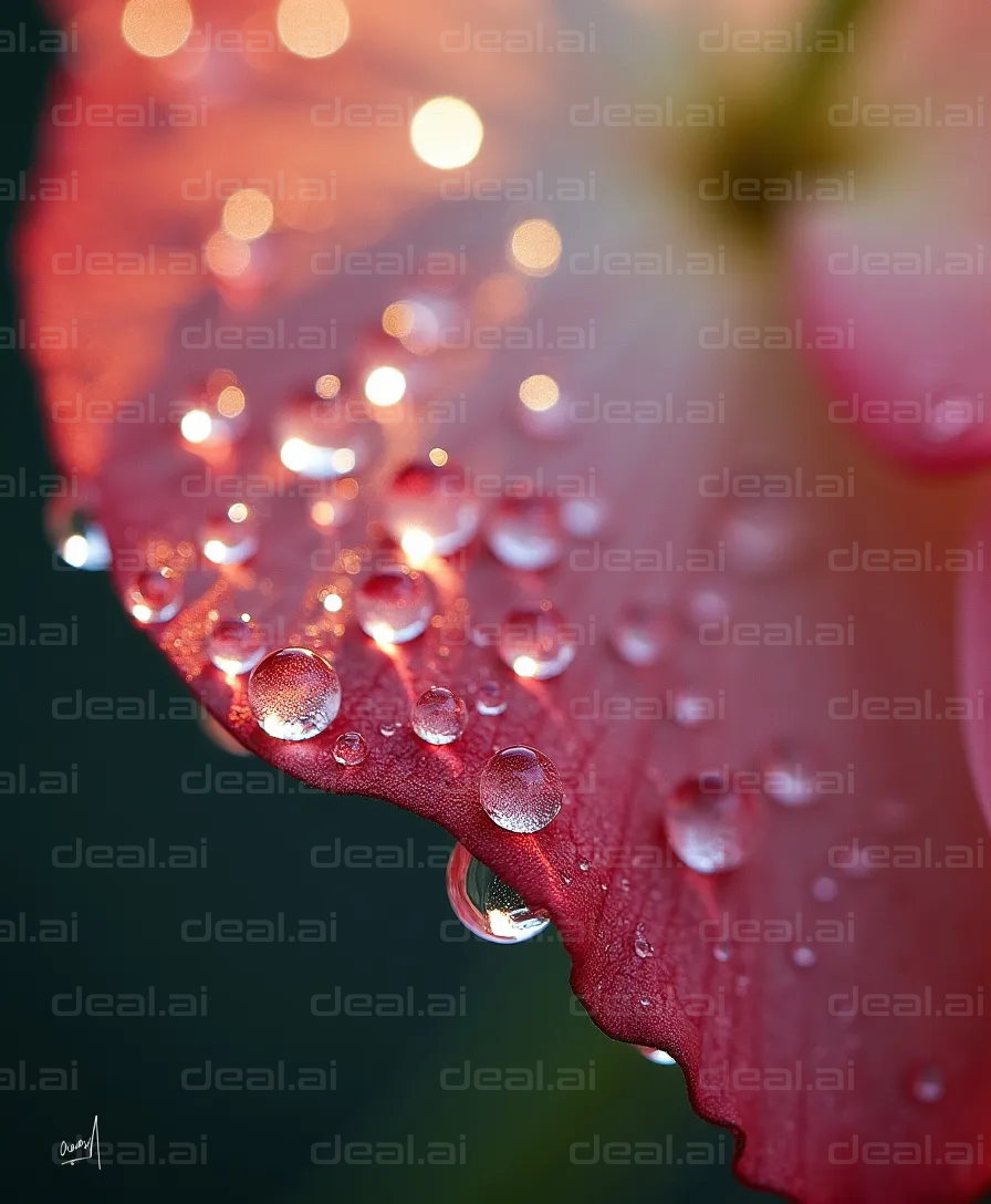 "Dewdrops on Pink Flower Petal Close-Up"