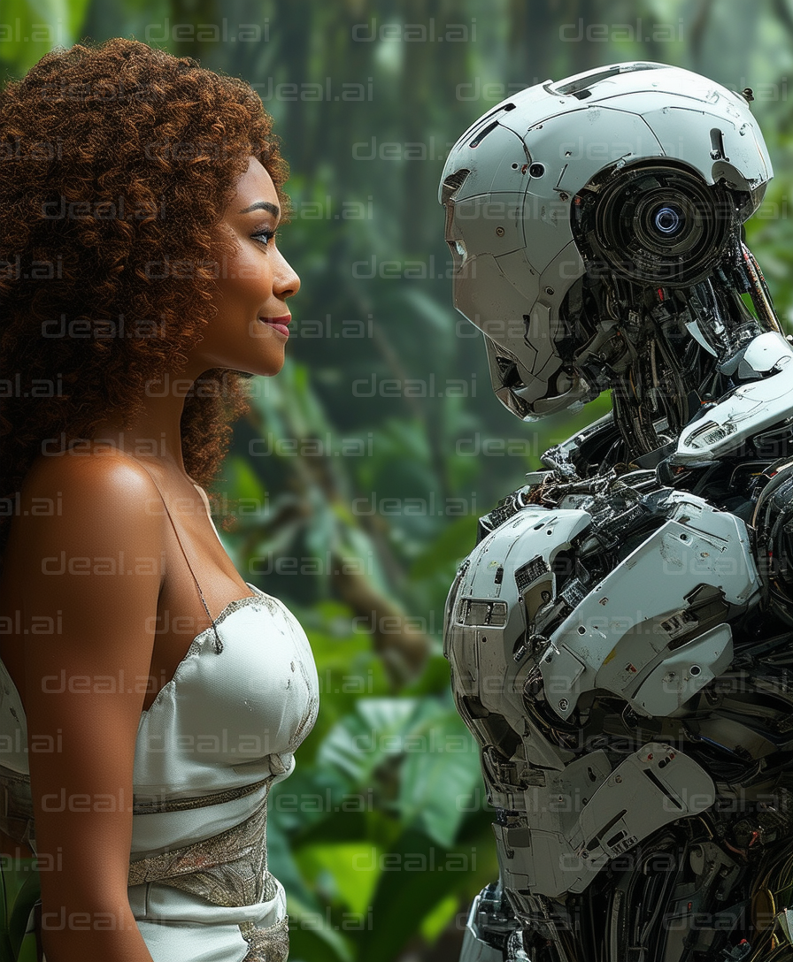"Human and Robot in a Jungle Encounter"