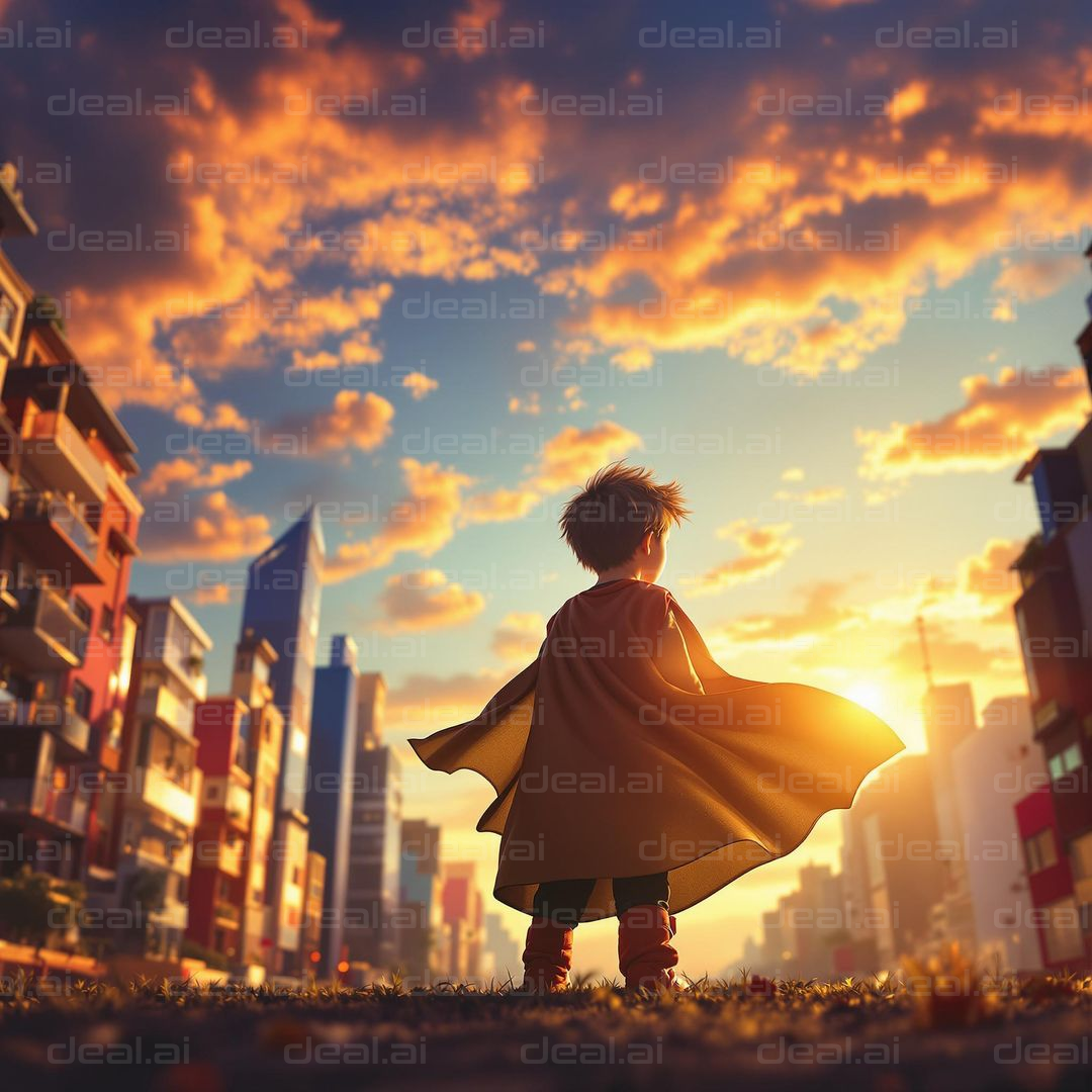 "Child Superhero at Sunset"