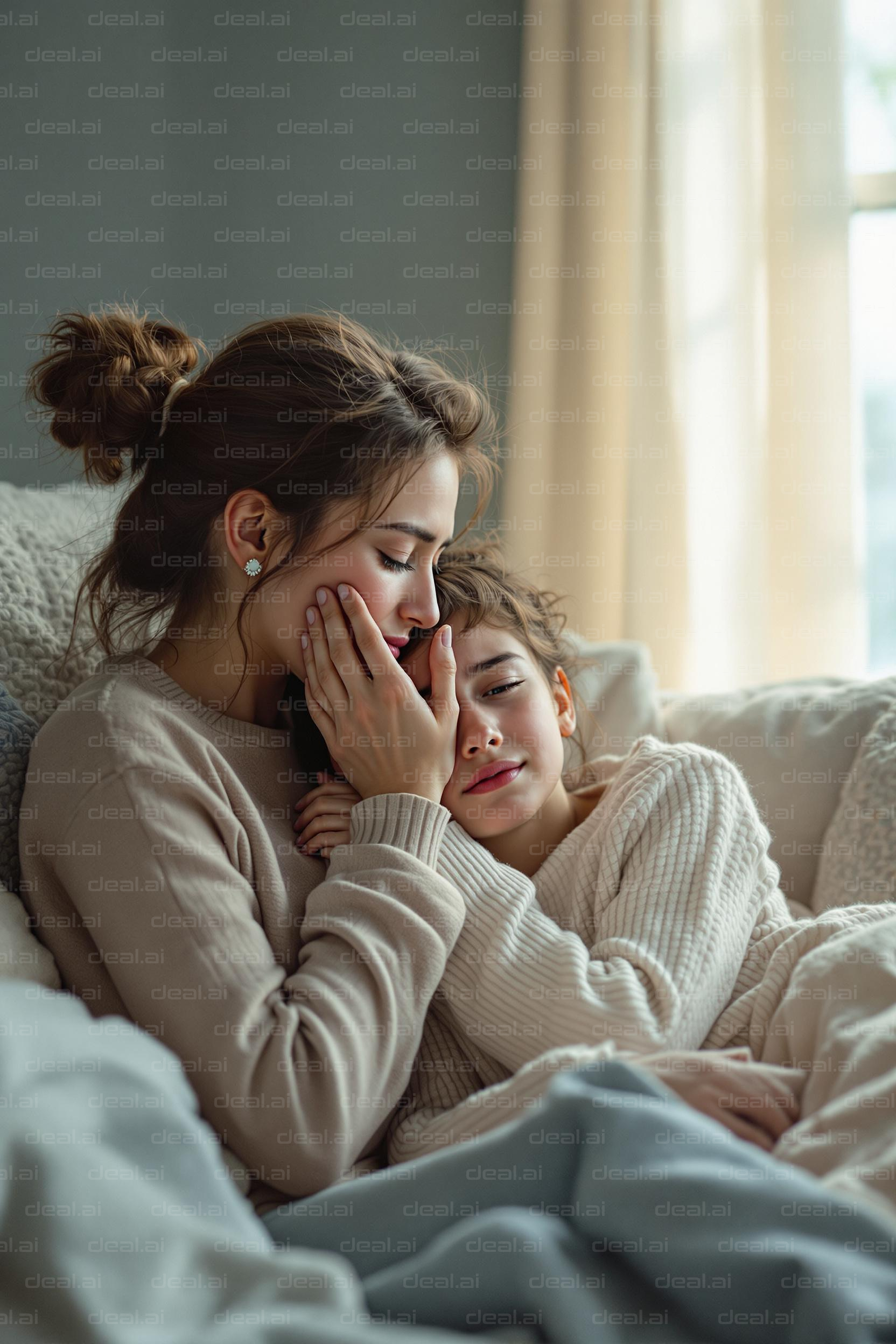 Mother and Daughter Cuddle on Couch