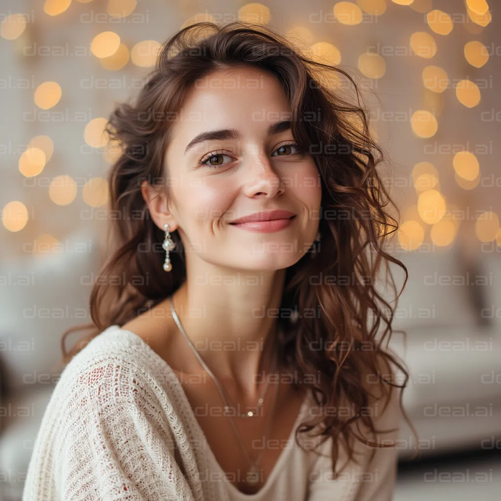 "Smiling Woman with Twinkling Lights"