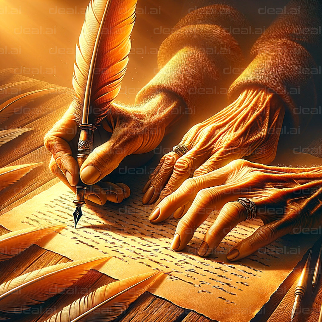 "Vintage Quill Writing in Golden Light"