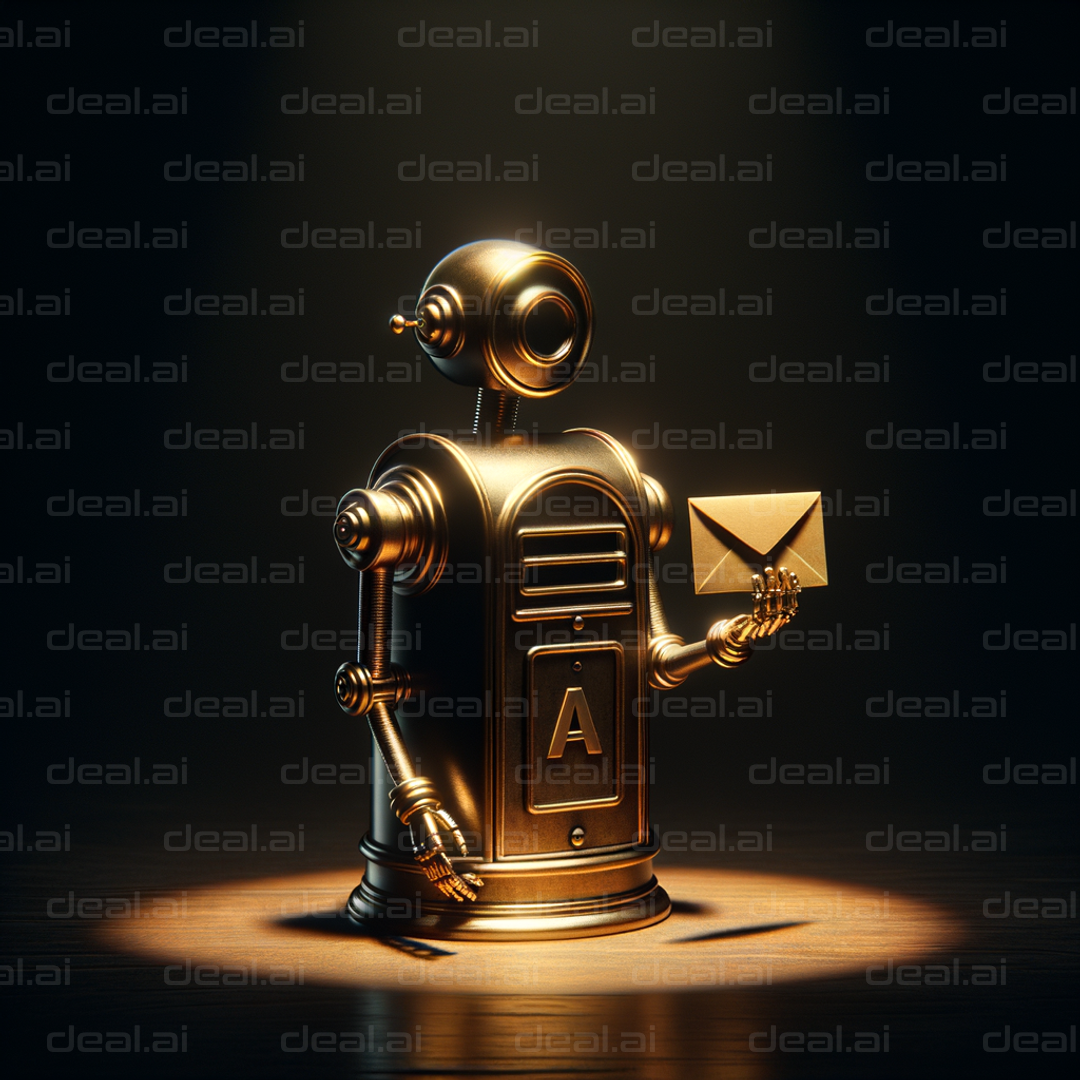 Golden Robot Holding Letter in Spotlight