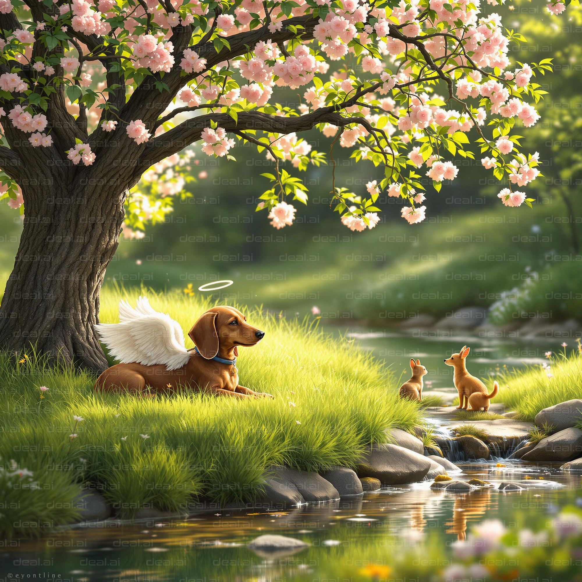 "Angel Dog Under Cherry Blossoms"