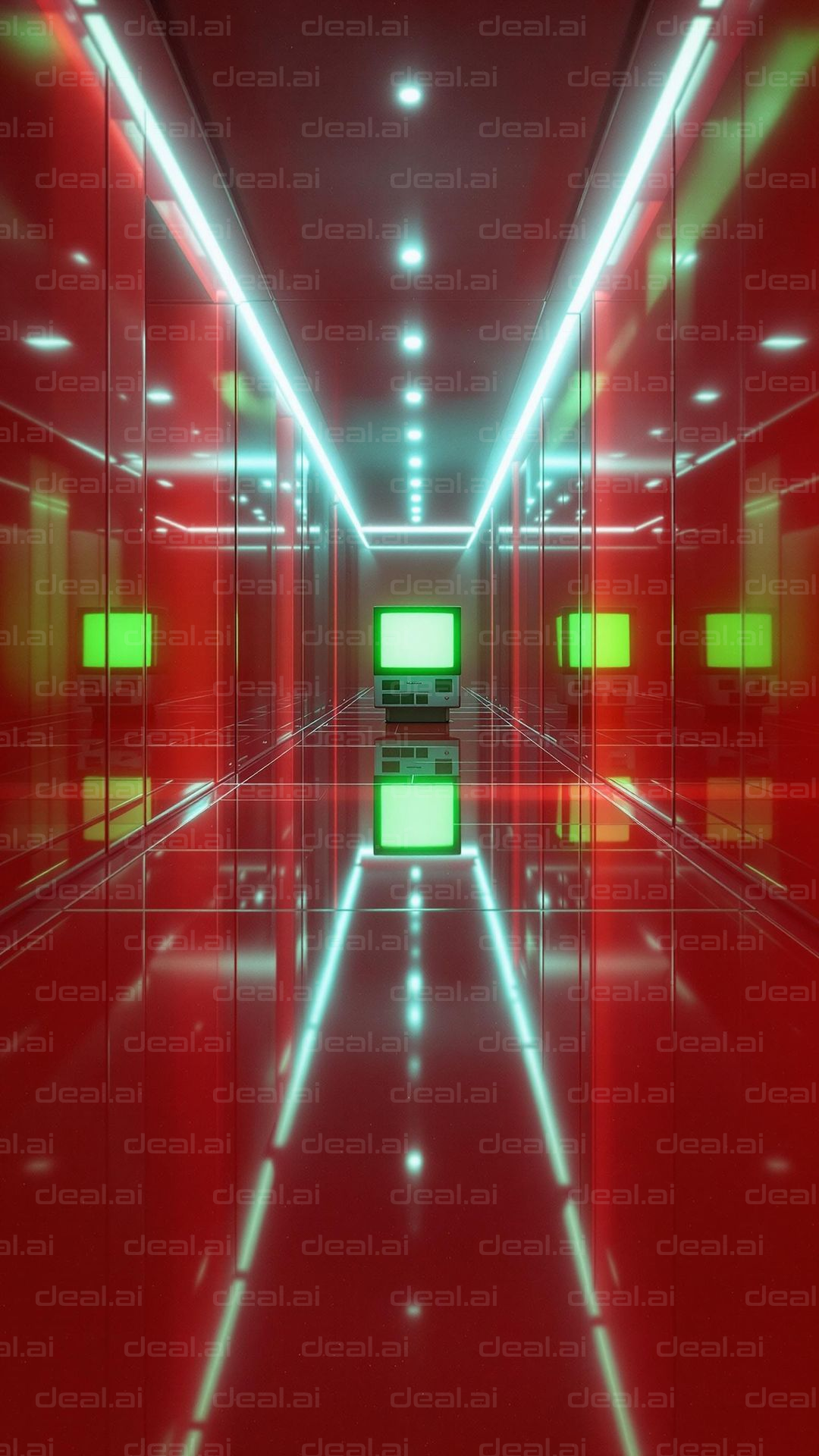 Retro Tech in Futuristic Hallway