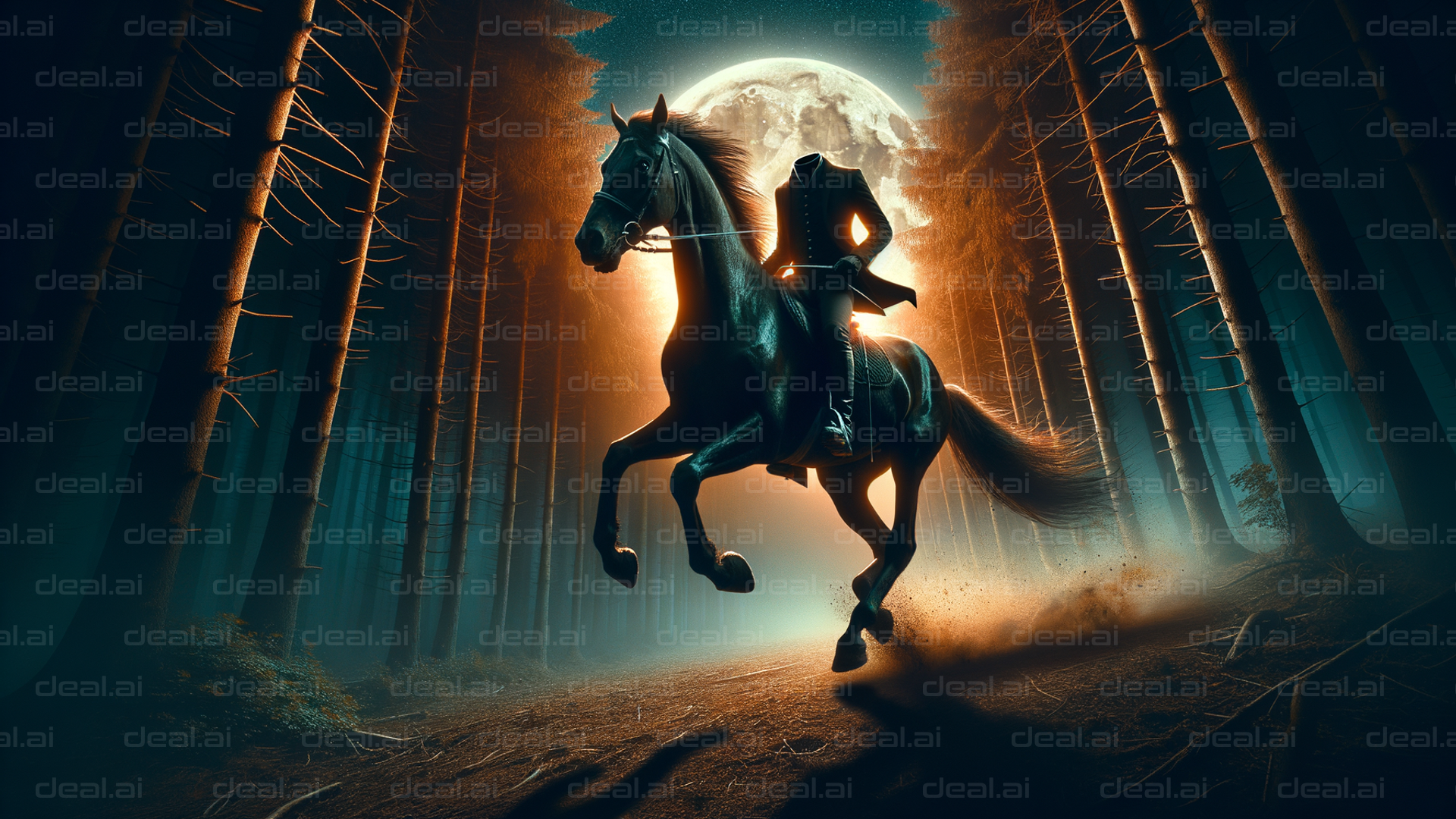 Headless Horseman in Moonlit Forest