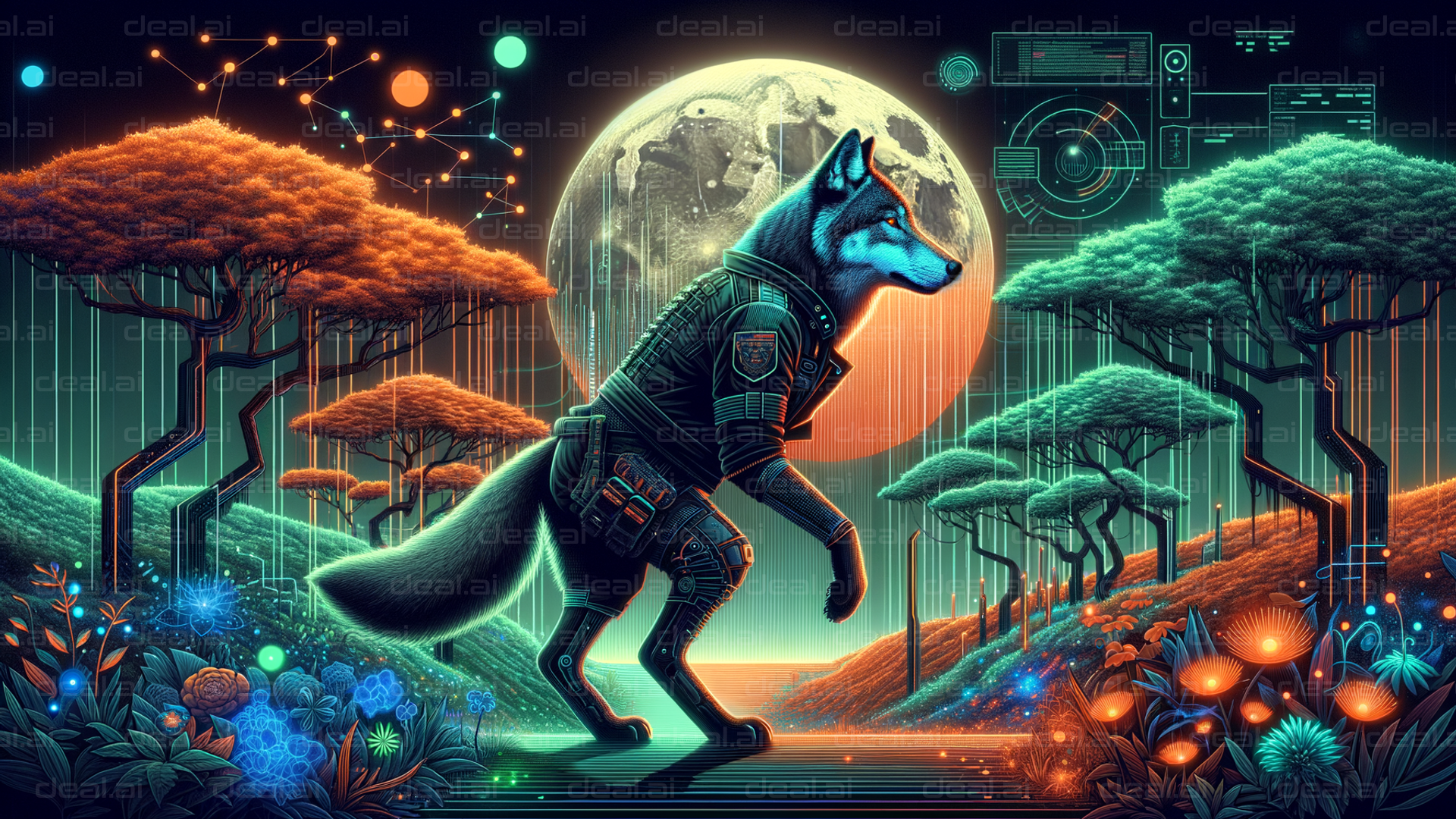 "Futuristic Wolf in Neon Forest"