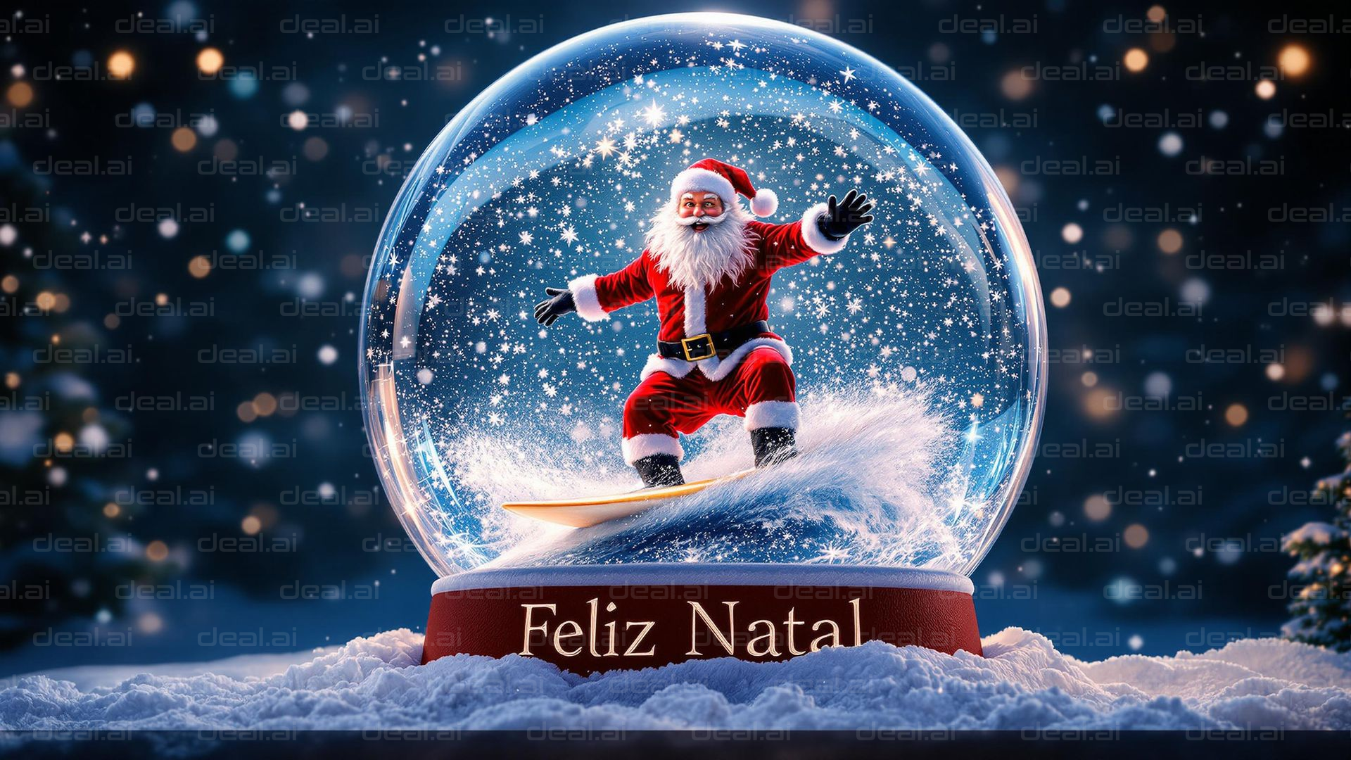 Surfing Santa in Snow Globe