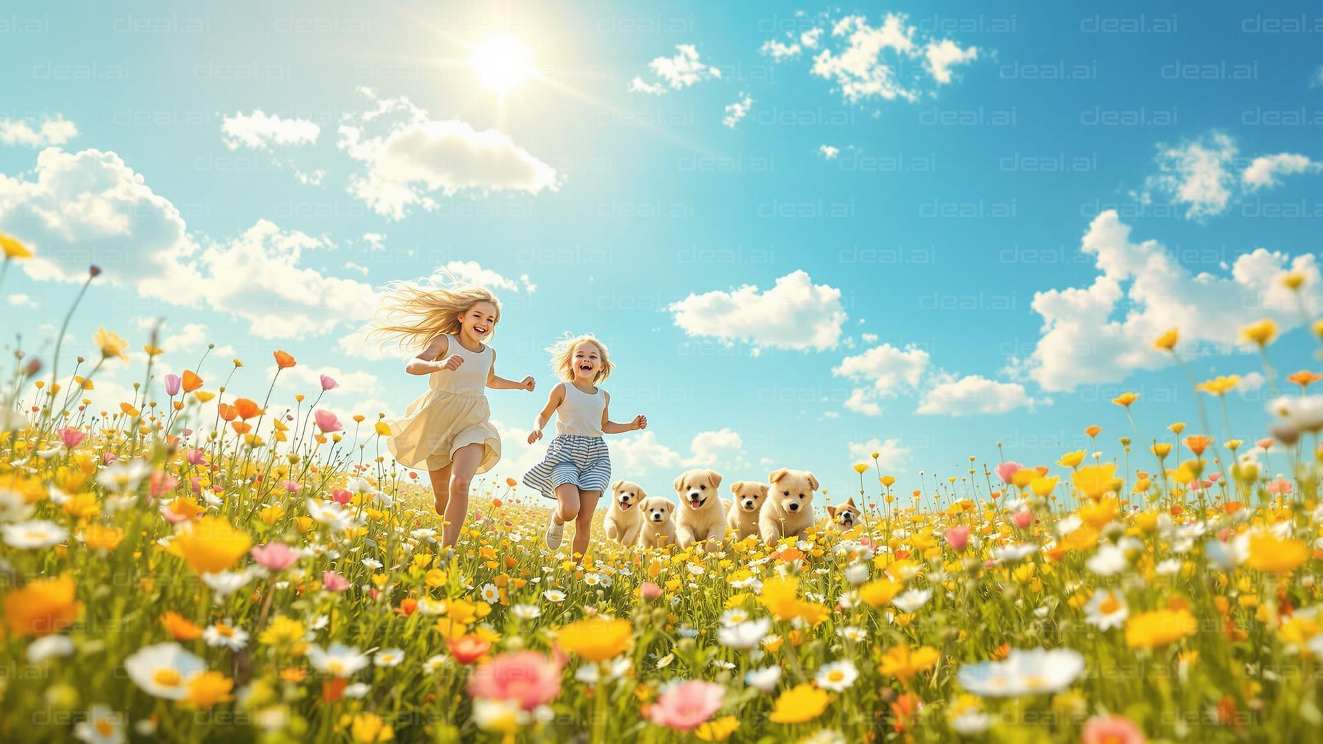 "Joyful Run in Flower Field"