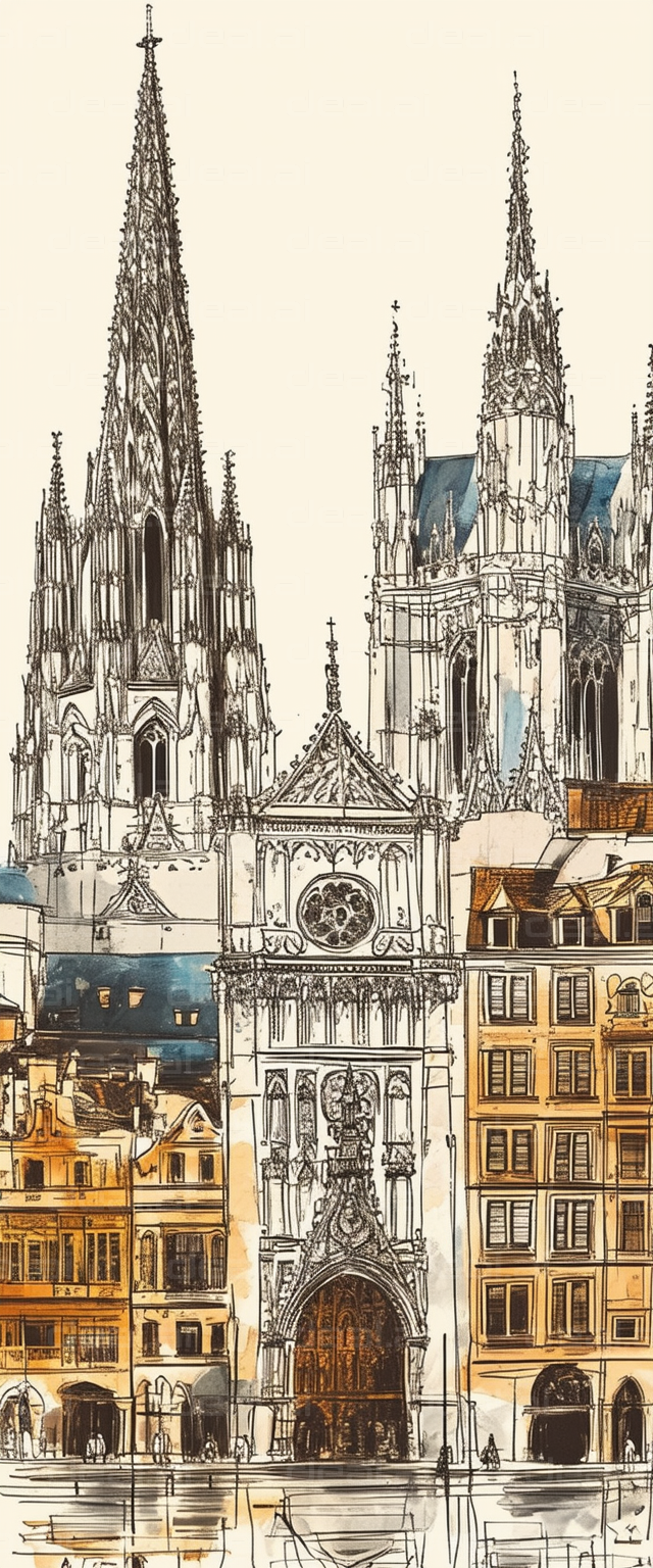 "Historic Cathedrals and Cityscape Sketch"