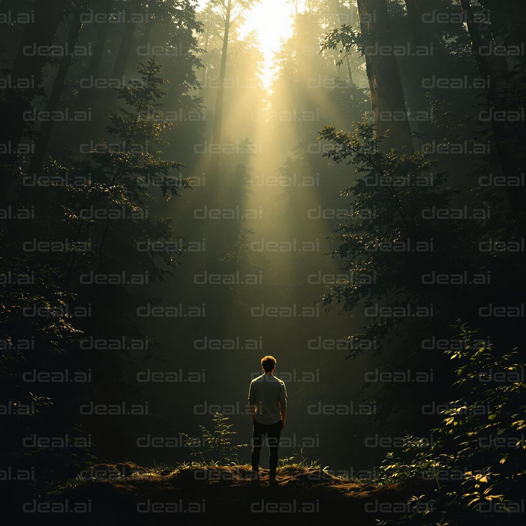 "Man in Sunlit Forest"