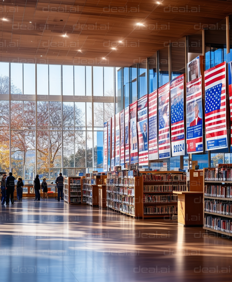 Modern Library with Patriotic Banners