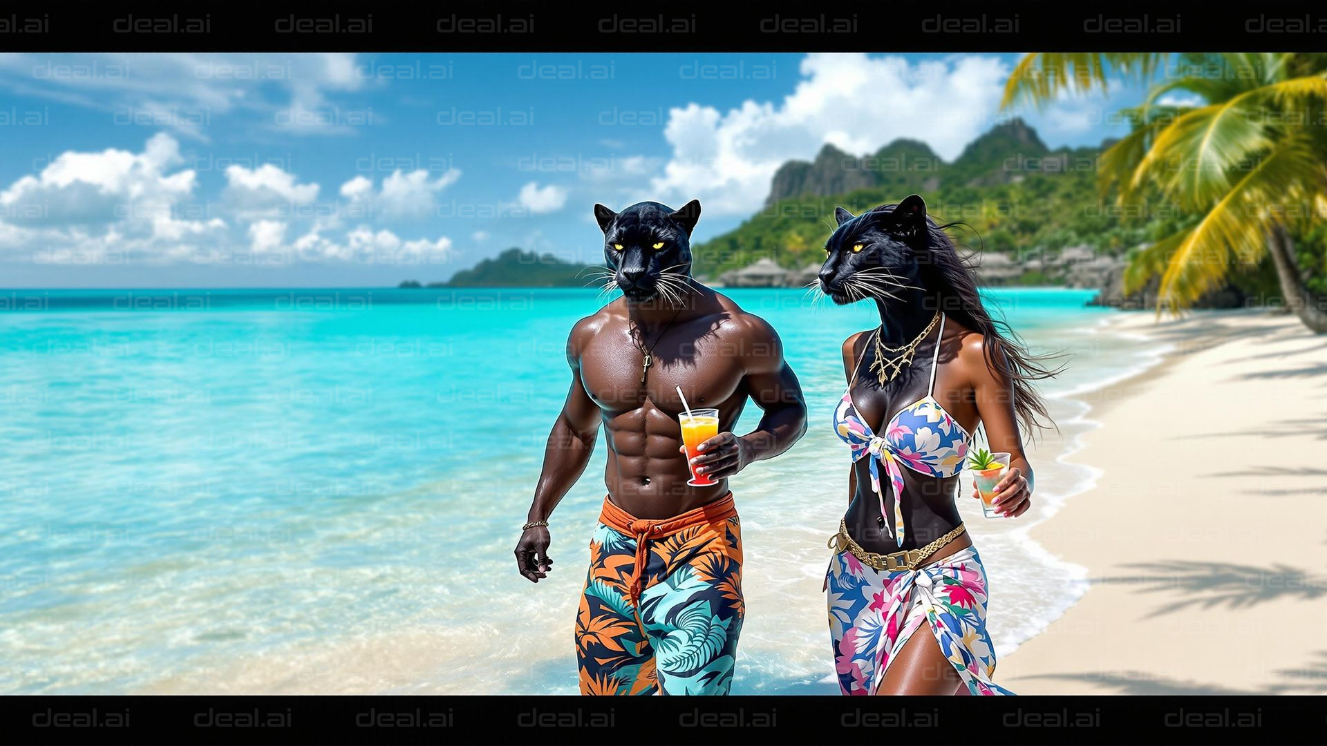 Panther Pair on Tropical Beach Stroll