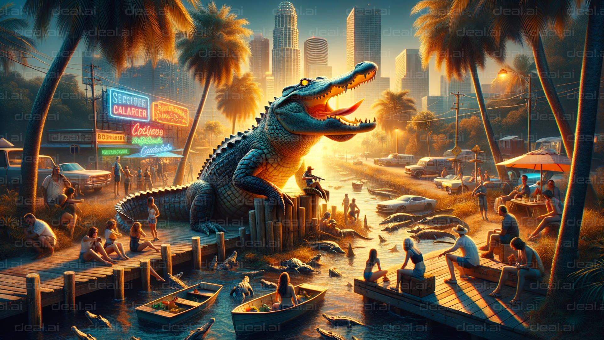 Giant Alligator In A Bustling City Scene