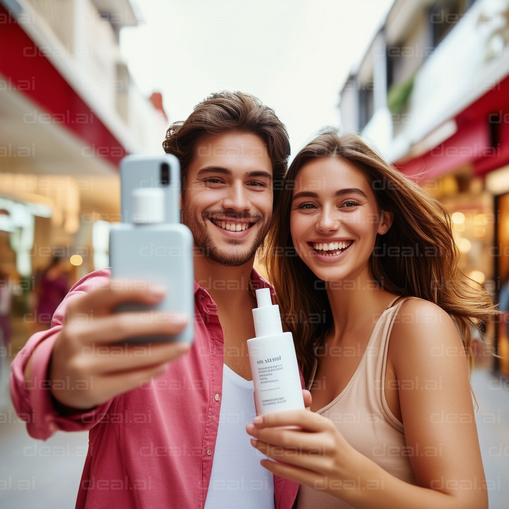 Happy Couple Taking Selfie with Product