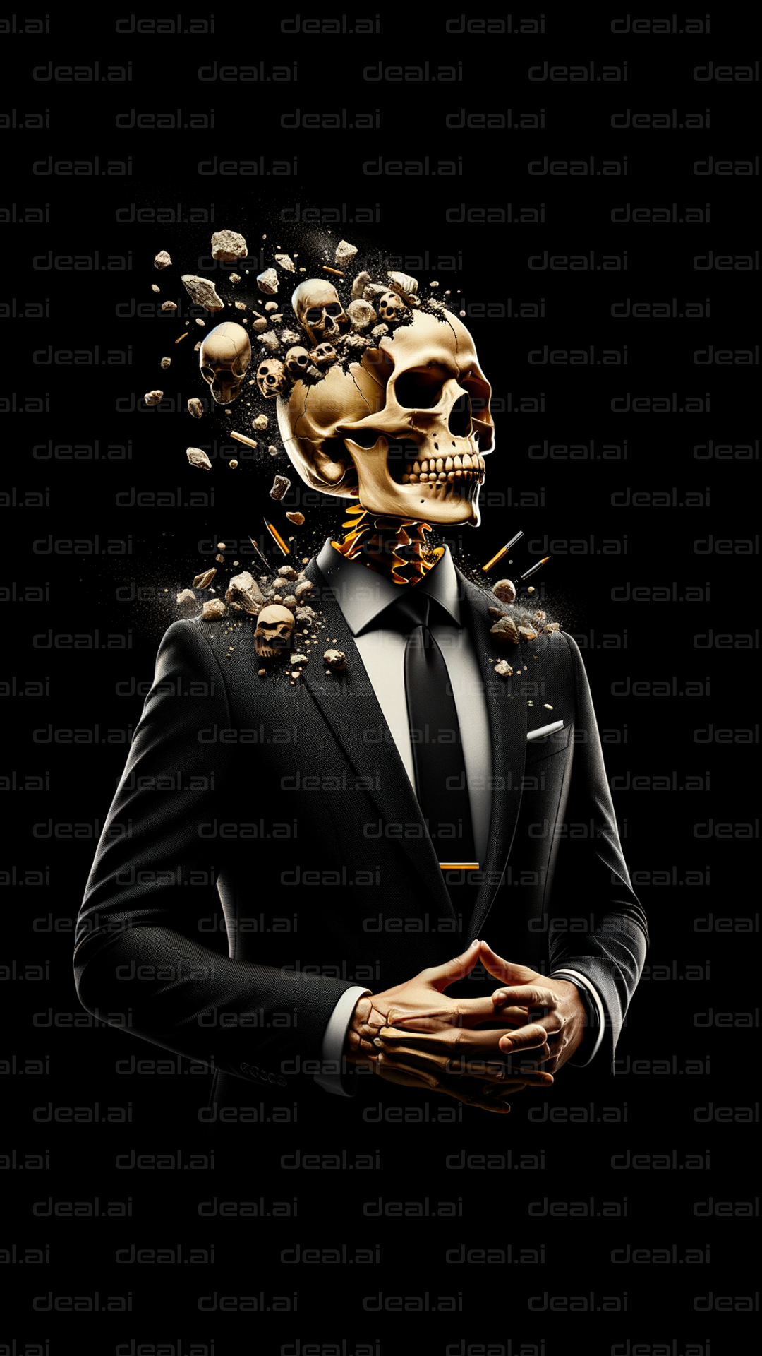 "Skeleton in a Suit with Exploding Skulls"