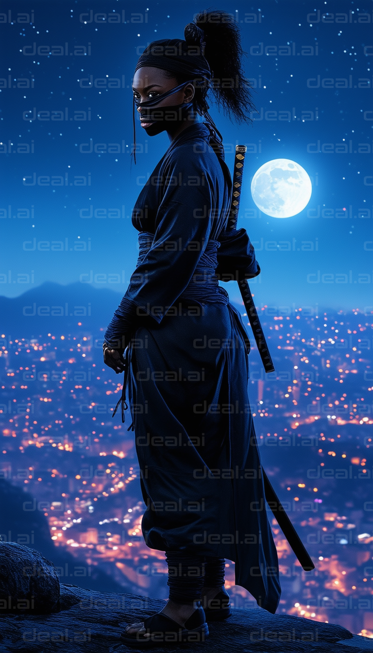 Ninja in Moonlit City Night