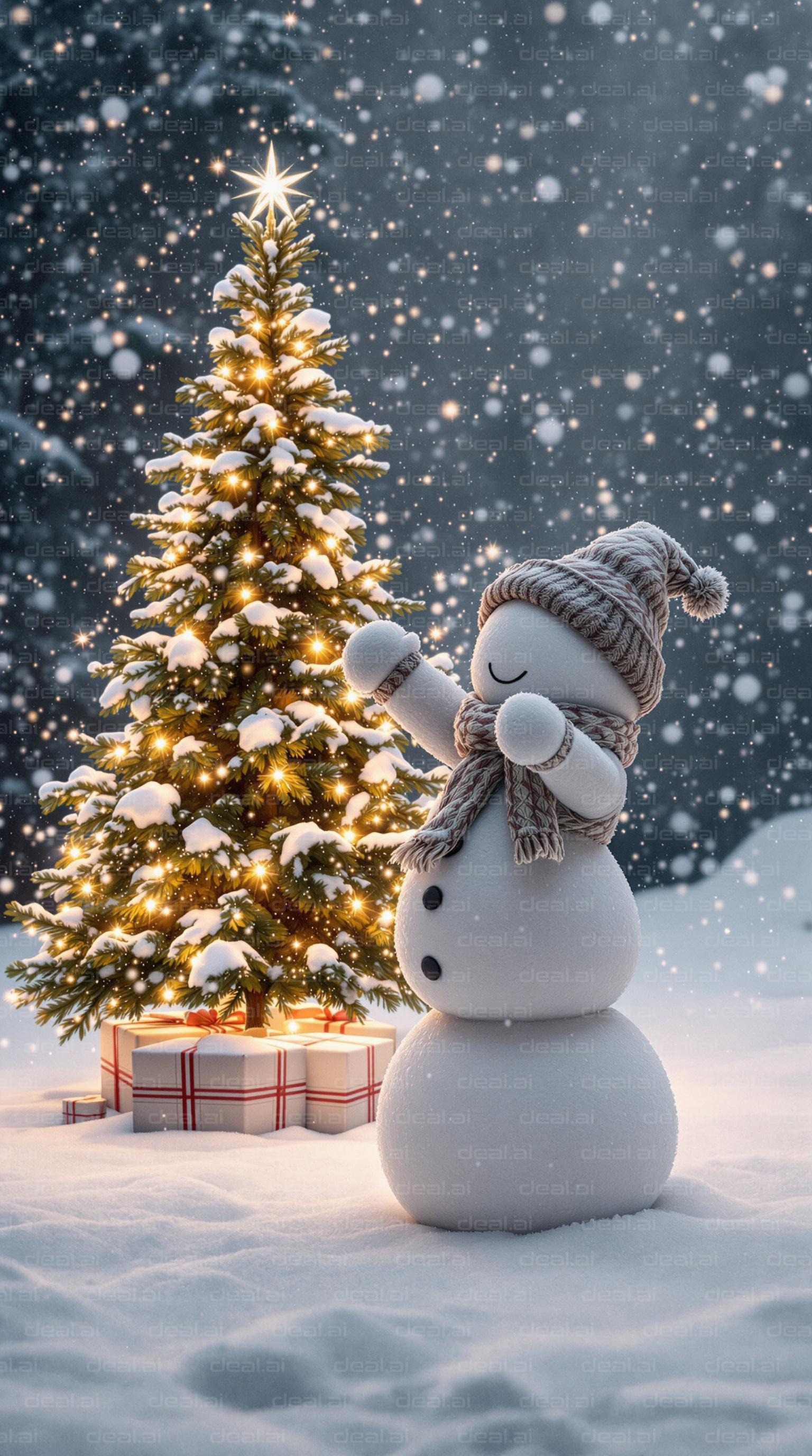 Festive Snowman by the Christmas Tree