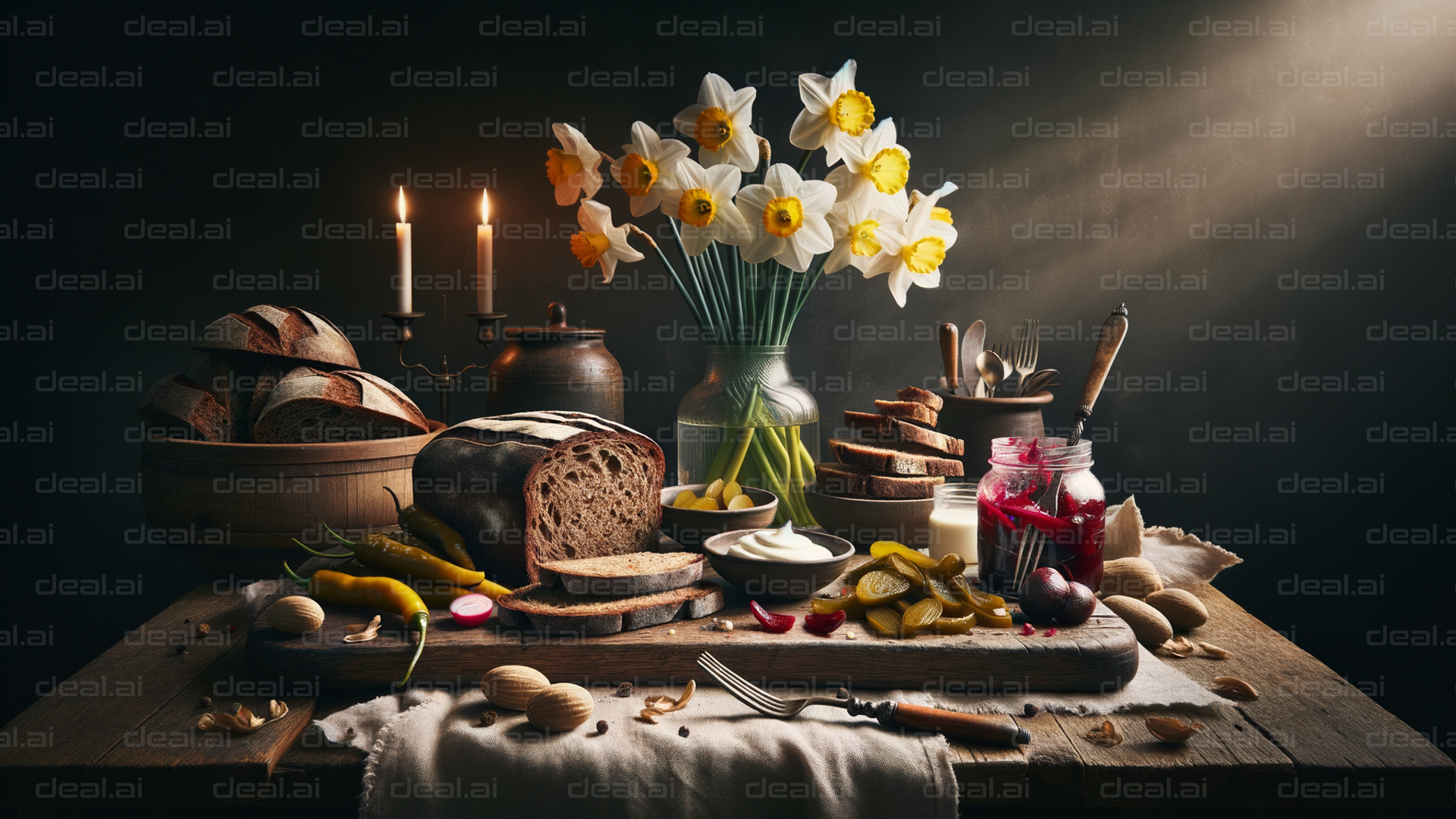 Rustic Bread and Daffodils Display