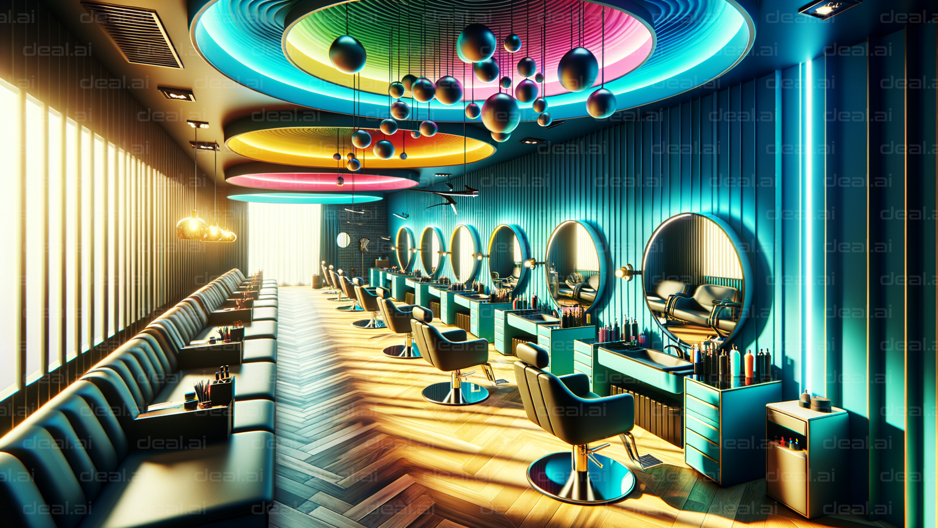 "Modern Hair Salon with Vibrant Lighting"