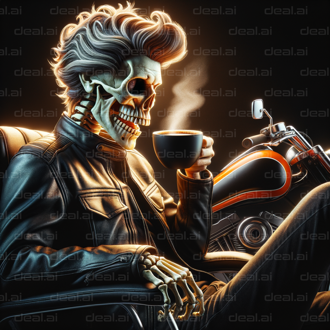 "Skeleton Biker Enjoys Coffee Break"