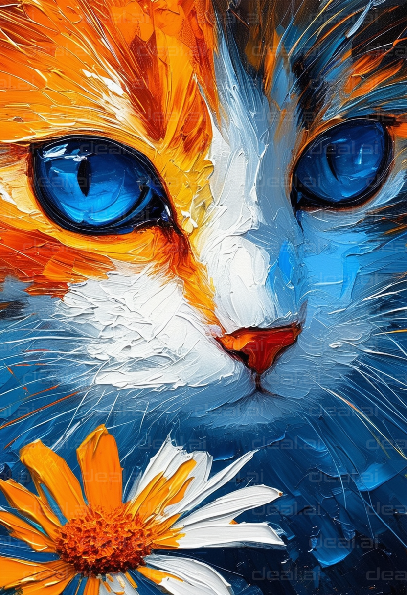 "Colorful Cat with a Daisy Painting"